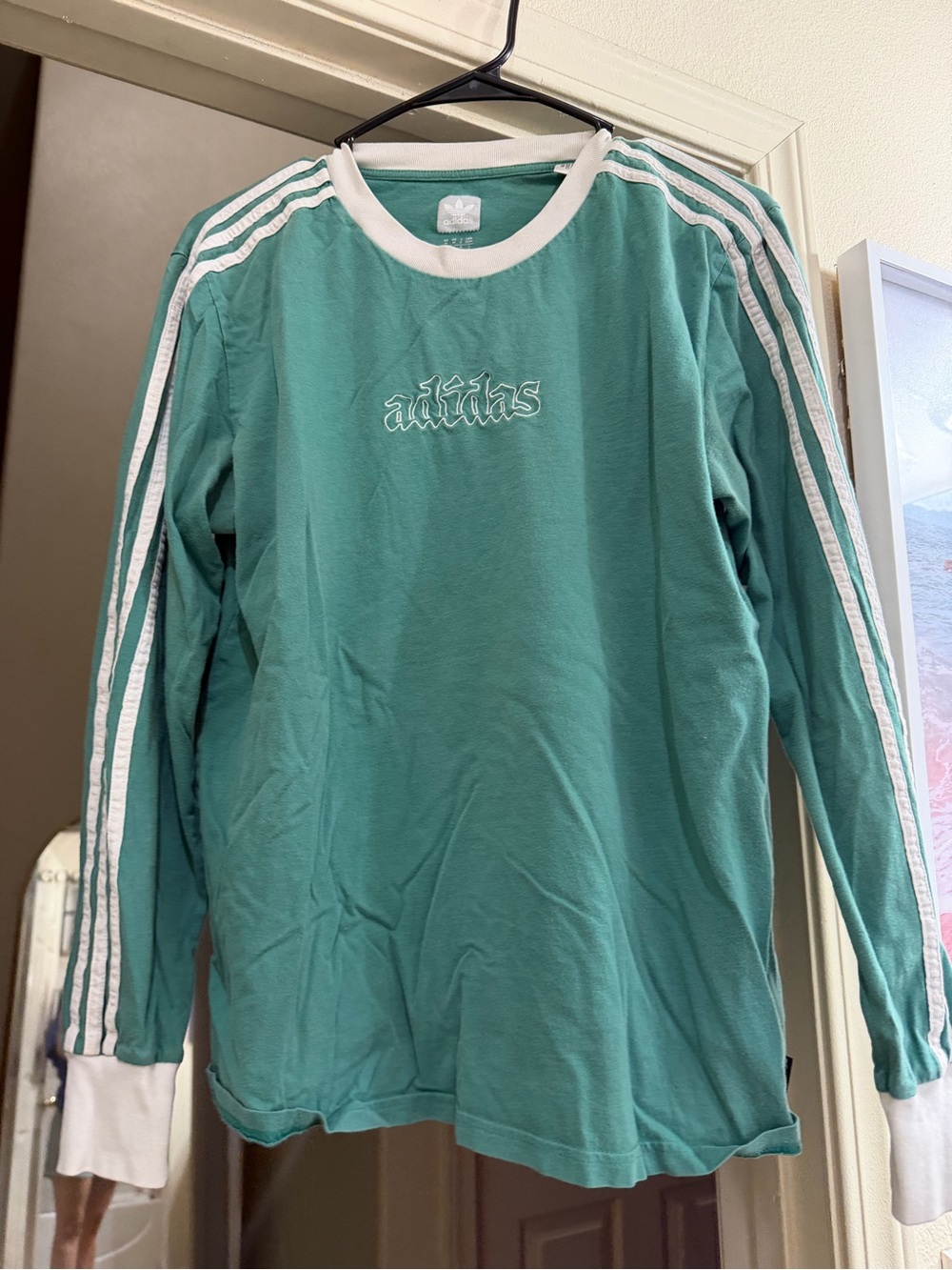 adidas Teal Green Long-Sleeve Crewneck with White Stripes